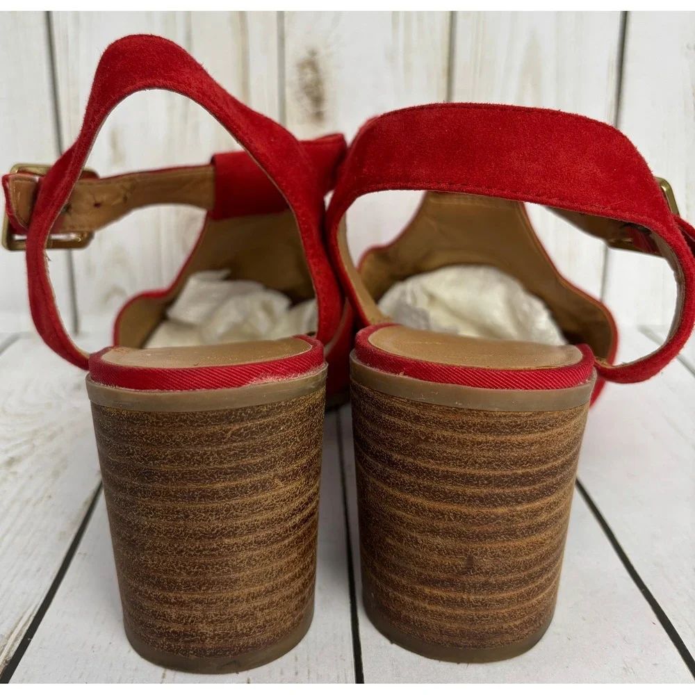 Franco Sarto Heron Red Suede T-Strap Block Heel Sandals L-HERON Womens 7.5M